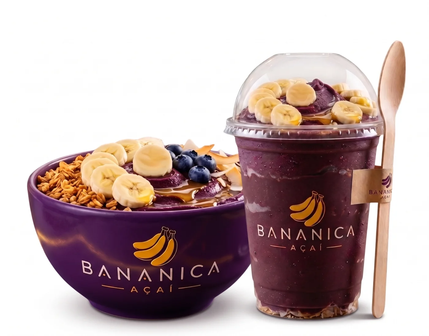 Linha de produtos Bananica Açaí: bowls, copos de açaí e bebidas reunidos